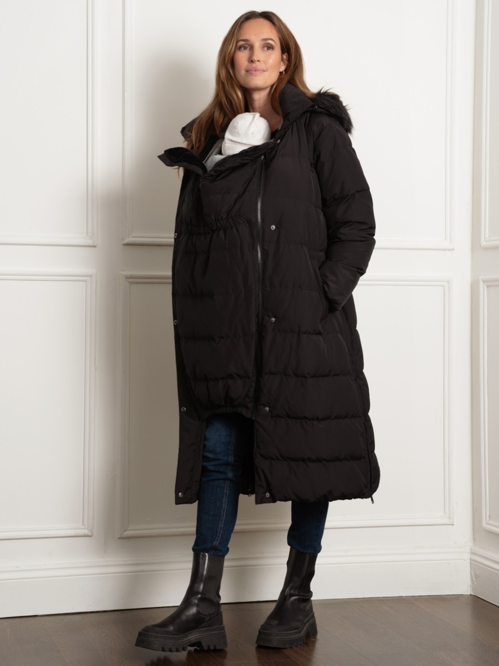 Seraphine Maternity Long Black Puffer Coat with Hood & Extension